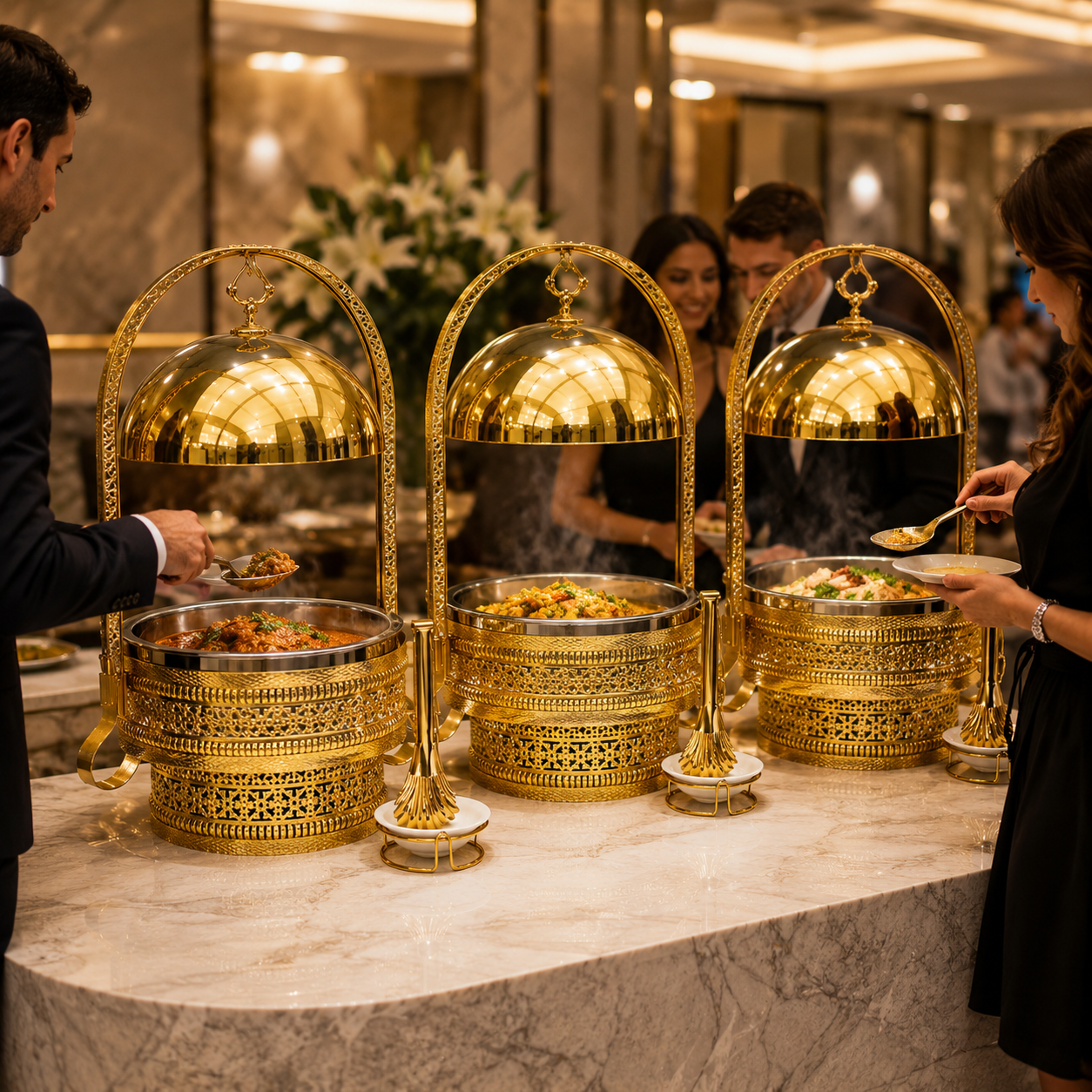 Luxury Gold Round Chafing Dish with Hanging Dome Lid for Wedding Buffet & Hotel Catering