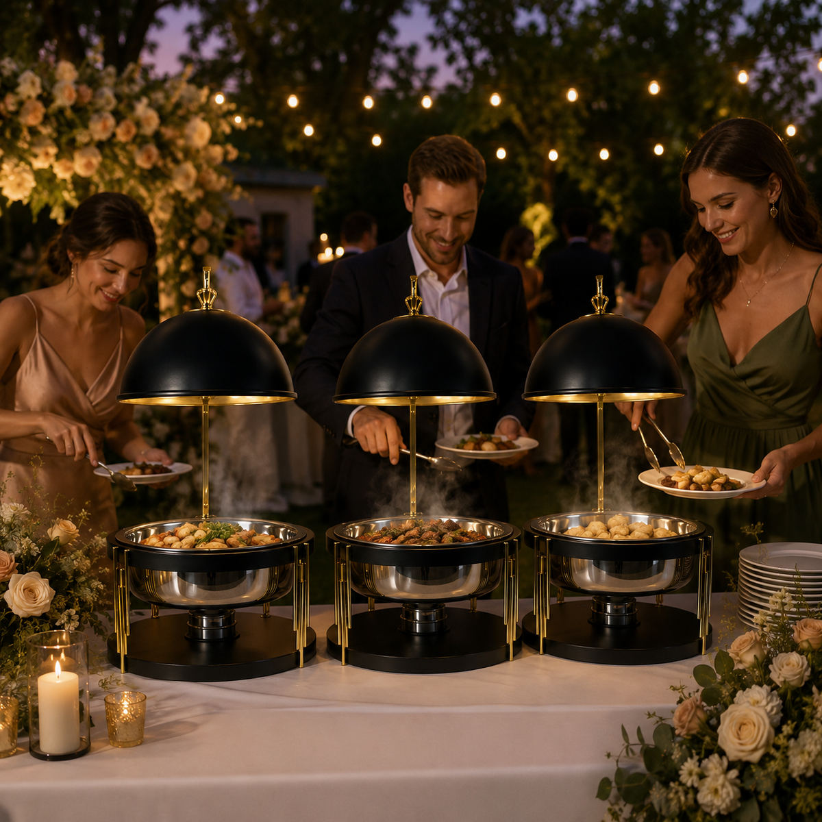 Luxury Black Gold Round Chafing Dish for Hotel Buffet, Wedding Catering & Banquet Events