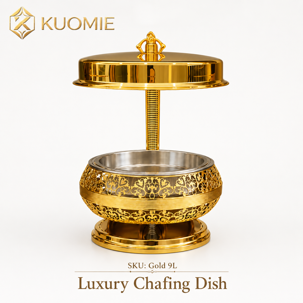 KUOMIE Luxury Gold 9L Chafing Dish for Premium Buffet Food Warming and Elegant Event Catering