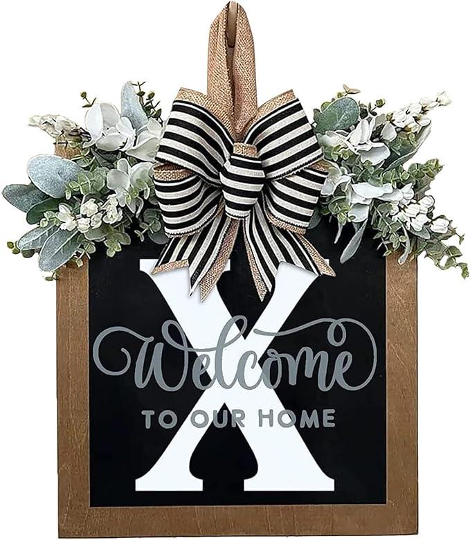 Last Name Year Round Front Door Wreath Front Porch Decoration 26 Letter Welcome Sign with Eucalyptus Garland and Bow Spring Wreaths for Front Door Outside Hanger Garland - kuomie
