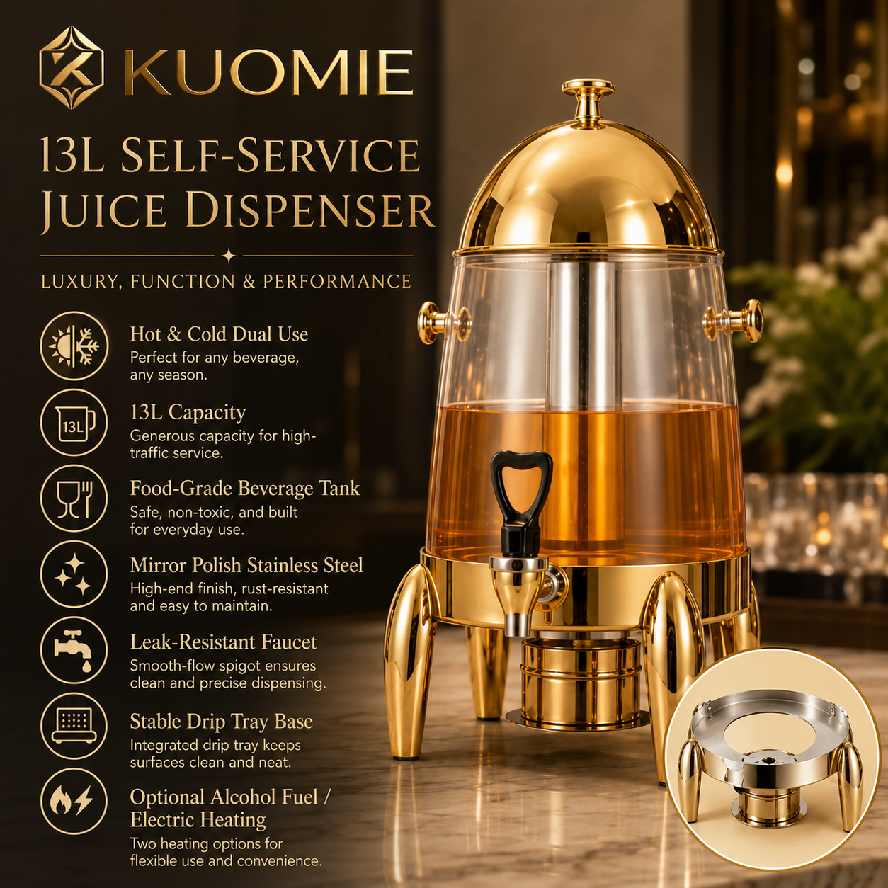 KUOMIE 13L Stainless Steel Beverage Dispenser with Clear Juice Tank, Mirror Polished Lid, Faucet, and Drip Tray for Hotels, Buffets, Weddings, Catering, and Parties