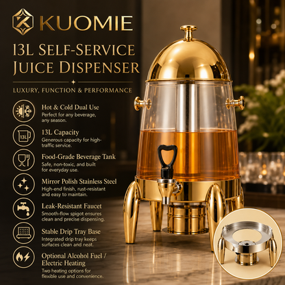 KUOMIE 13L Stainless Steel Beverage Dispenser with Clear Juice Tank, Mirror Polished Lid, Faucet, and Drip Tray for Hotels, Buffets, Weddings, Catering, and Parties