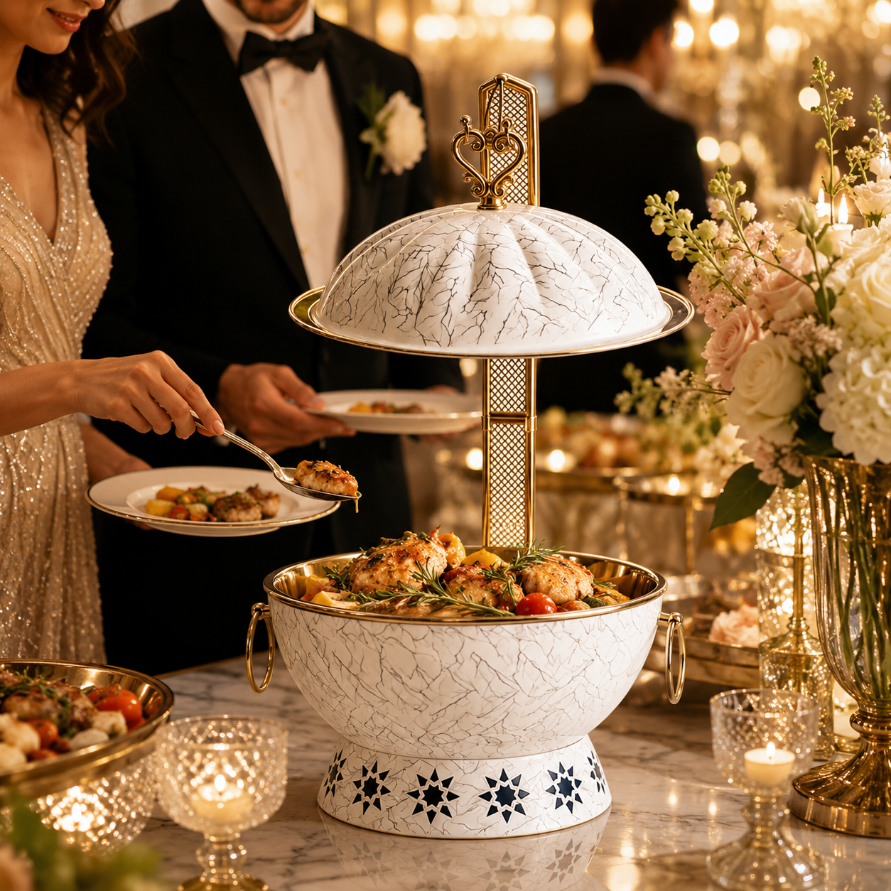Luxury Marble Chafing Dish with Gold Accents for Weddings, Hotels & Banquets