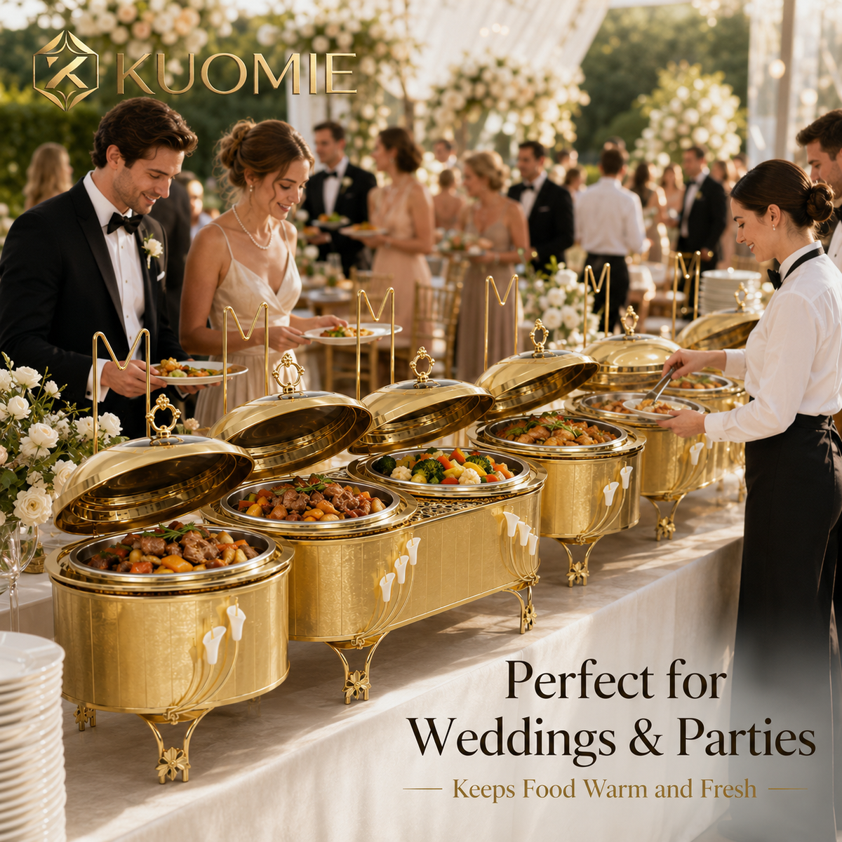 KUOMIE Luxury 16L Dual Compartment Gold Chafing Dish with Stainless Steel Food Pans for Weddings, Buffets, Hotels & Events