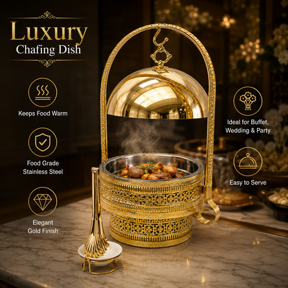 Luxury Gold Round Chafing Dish with Hanging Dome Lid for Wedding Buffet & Hotel Catering