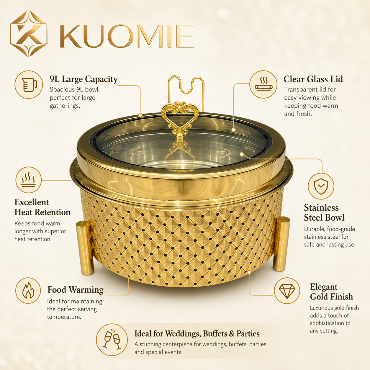 KUOMIE 9L Gold Chafing Dish with Glass Lid for Luxury Buffet Food Warming