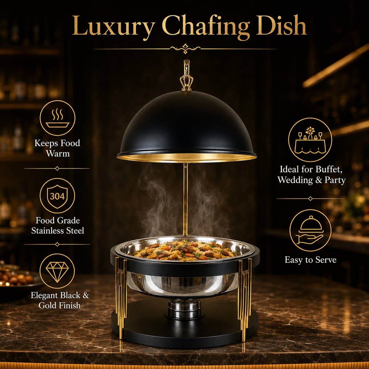Luxury Black Gold Round Chafing Dish for Hotel Buffet, Wedding Catering & Banquet Events