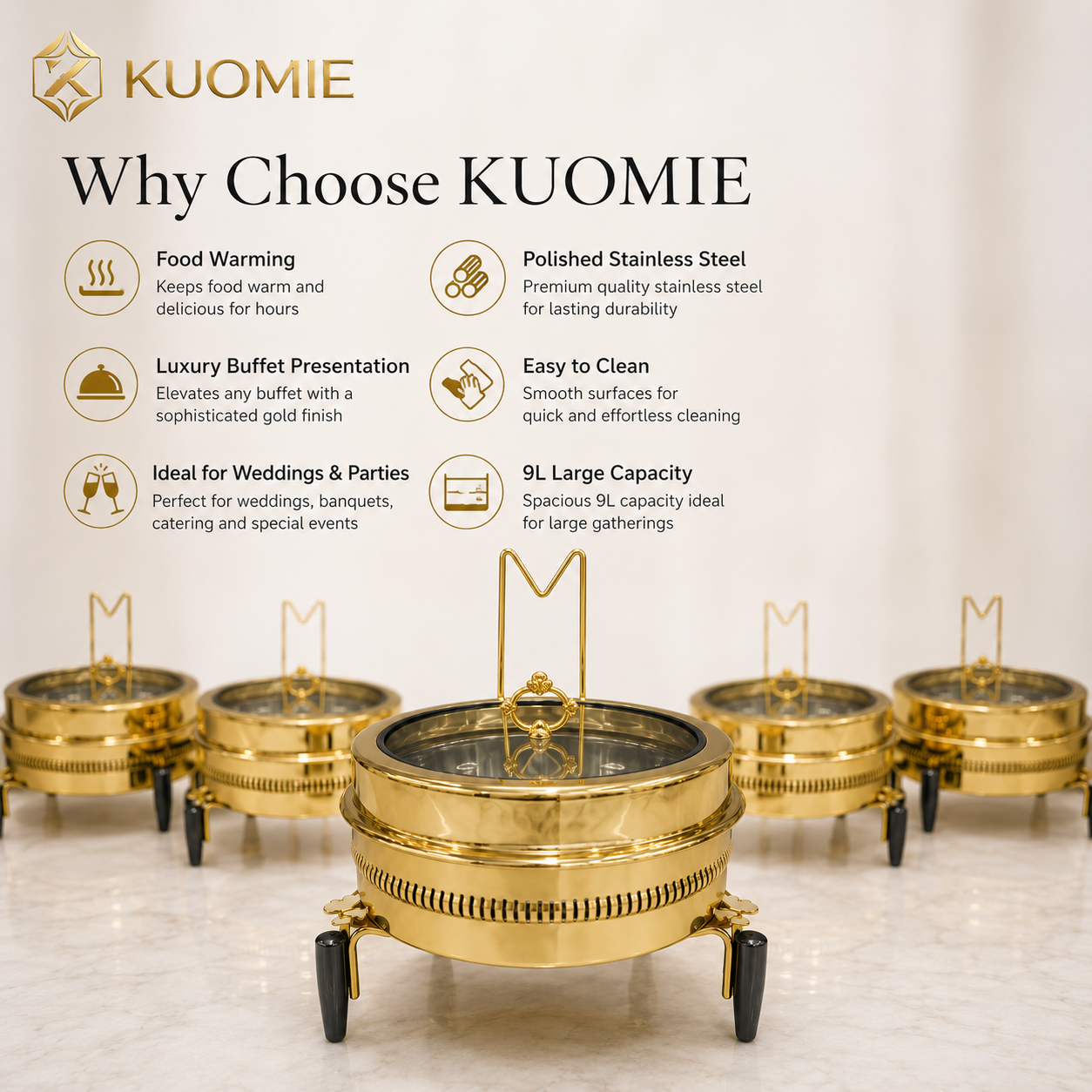 Luxury 9L Gold Chafing Dish for Wedding Catering, Hotel Buffet and Party Food Warming