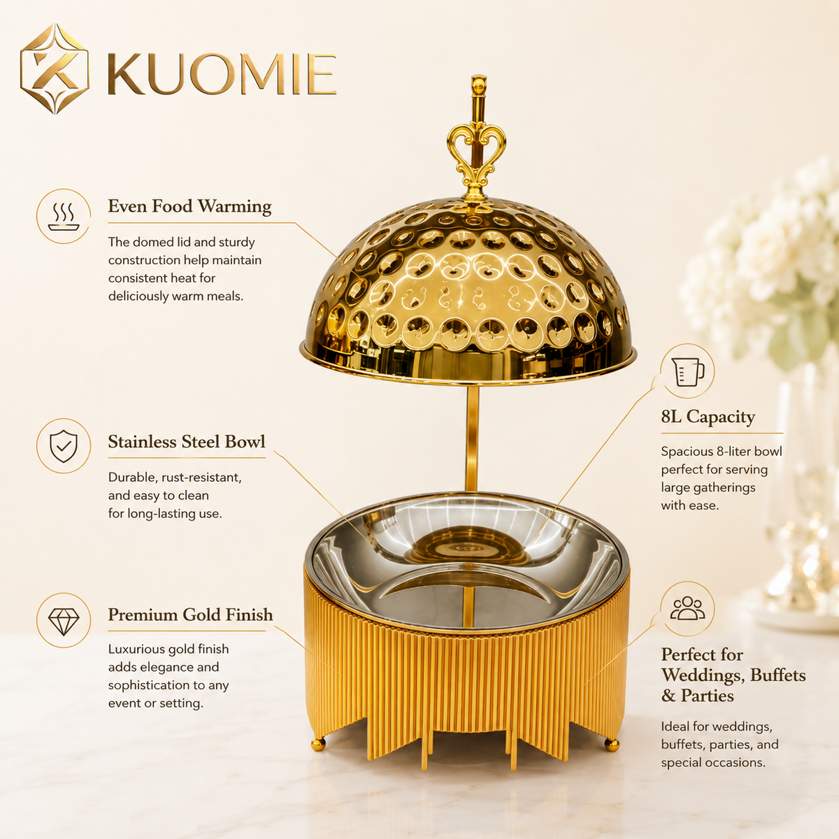 KUOMIE 8L Luxury Gold Chafing Dish for Buffet Food Warming and Elegant Catering