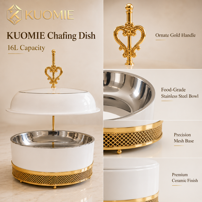 KUOMIE 16L Luxury White and Gold Chafing Dish for Buffet Food Warming and Elegant Catering