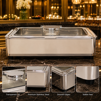 Stainless Steel Rectangular Chafing Dish with Hinged Lid for Buffet, Catering & Events