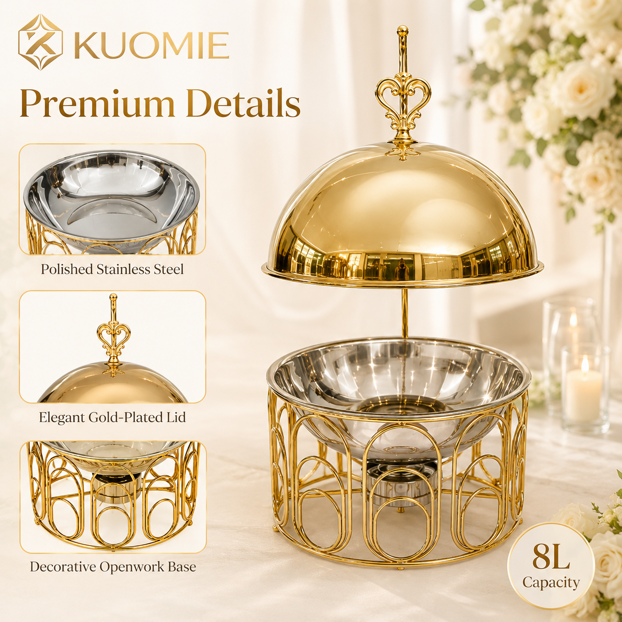 Luxury Round Gold Chafing Dish with Stainless Steel Food Pan, Dome Lid & Decorative Wire Frame for Hotel Buffet, Wedding Catering, Banquets & Parties