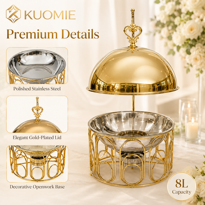 Luxury Round Gold Chafing Dish with Stainless Steel Food Pan, Dome Lid & Decorative Wire Frame for Hotel Buffet, Wedding Catering, Banquets & Parties