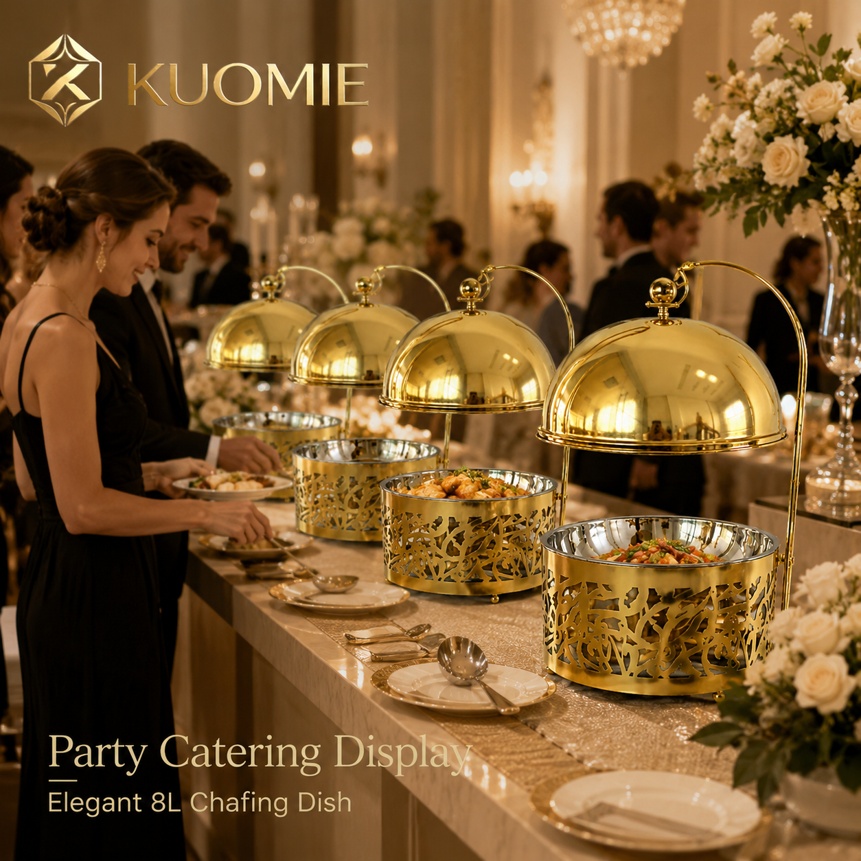 KUOMIE 8L Luxury Gold Chafing Dish for Wedding Catering and Hotel Buffets