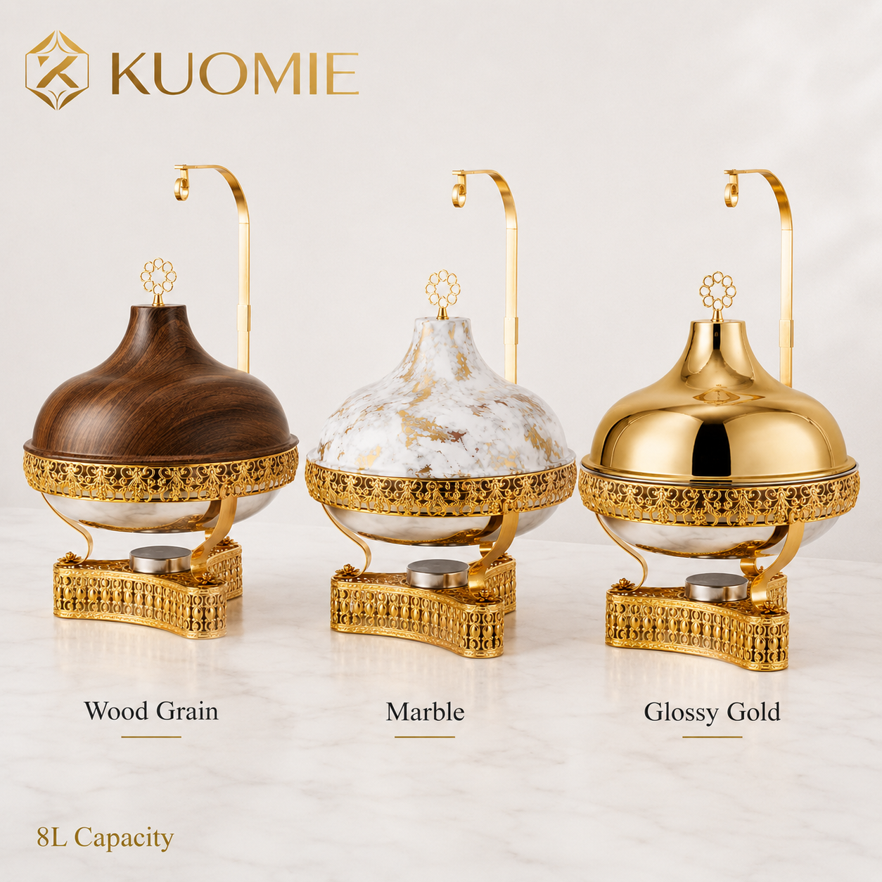 KUOMIE 8L Luxury Chafing Dish with Hanging Lid, Stainless Steel Food Pan, Gold Filigree Buffet Warmer for Weddings, Hotels, Catering, Parties and Events