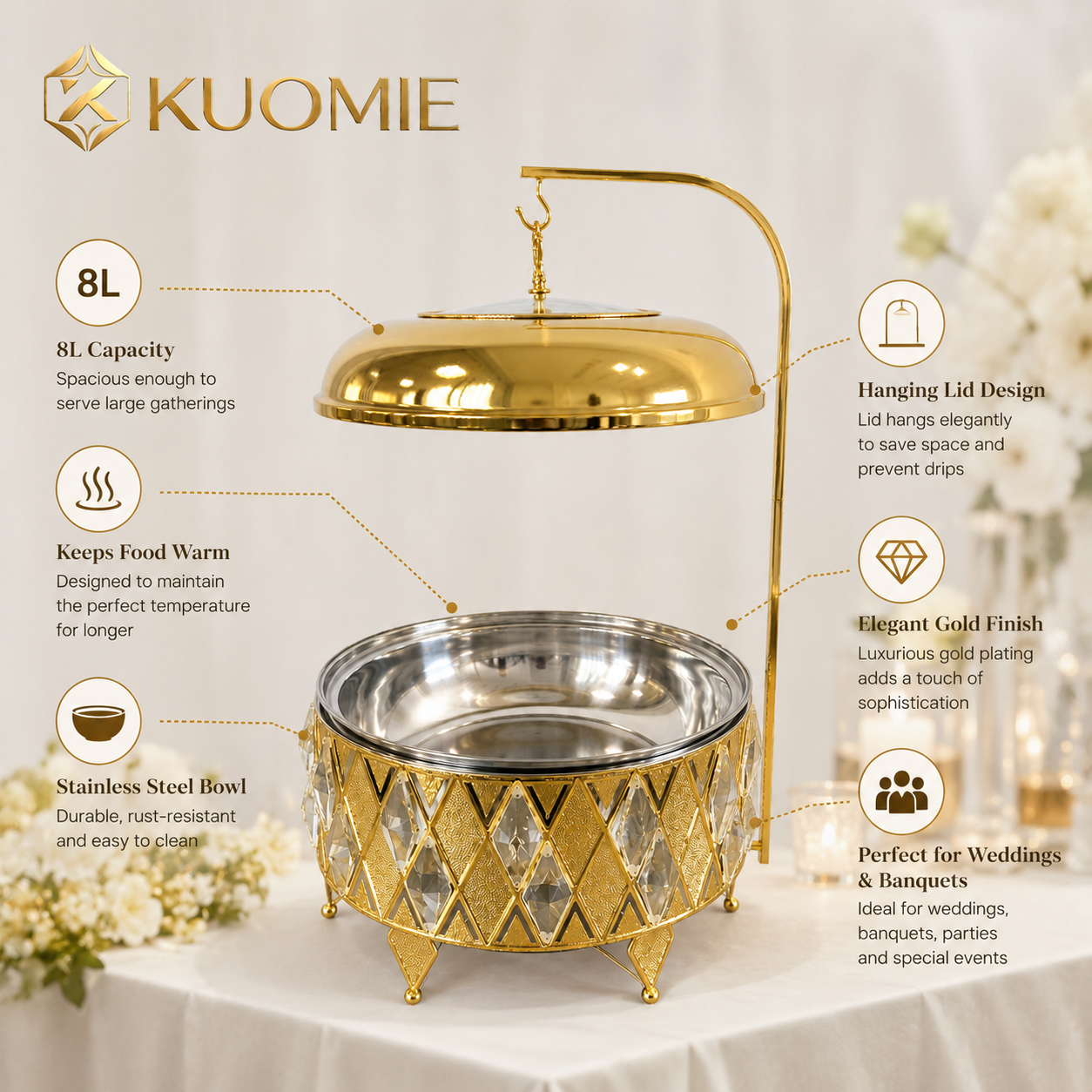 Luxury 8L Gold Buffet Food Warmer with Hanging Lid and Stainless Steel Bowl