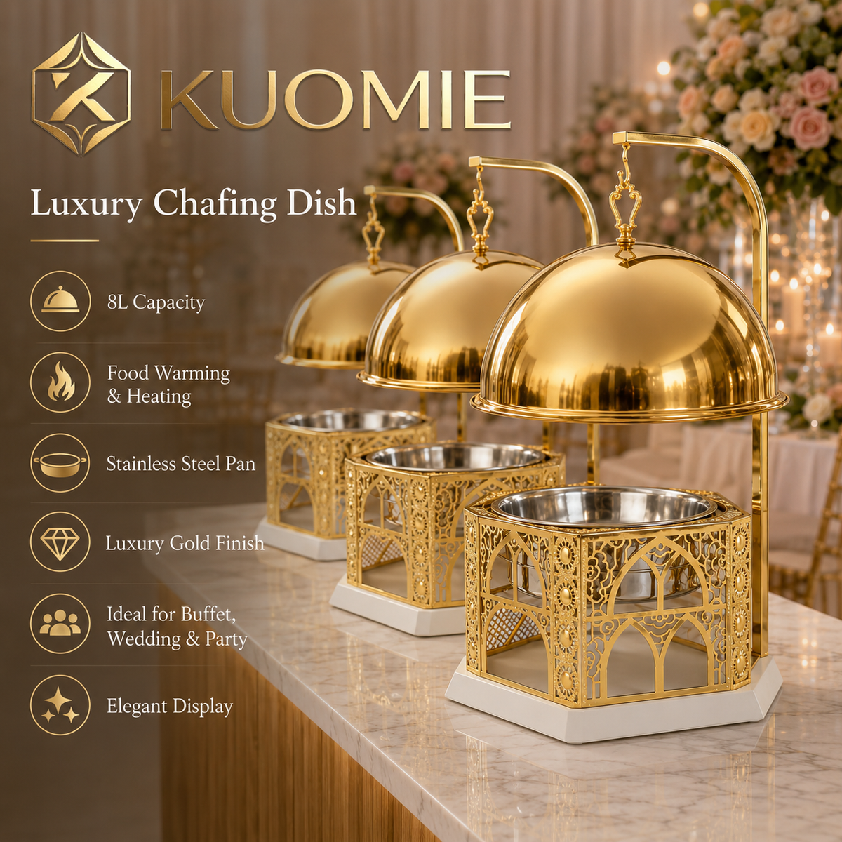 Luxury Gold Chafing Dish 8L Stainless Steel Food Warmer with Hanging Dome Lid for Buffet, Wedding, Catering and Party Events