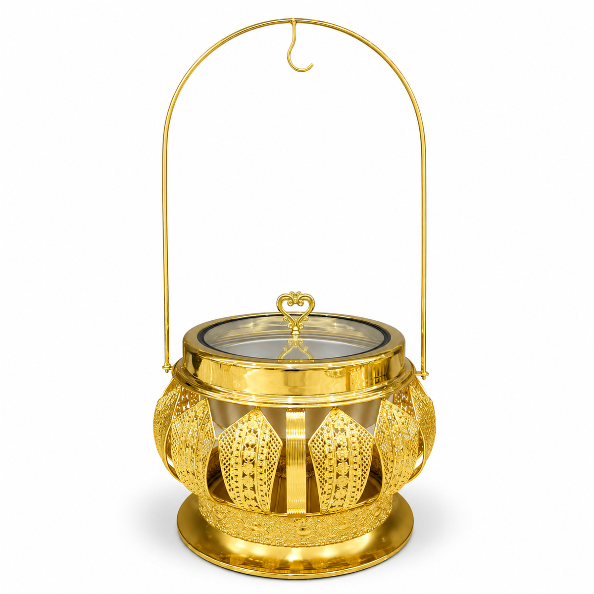 Luxury Round Gold Chafing Dish with Glass Lid, Stainless Steel Food Pan & Decorative Hanging Handle for Hotel Buffet, Wedding Catering, Banquets and Parties