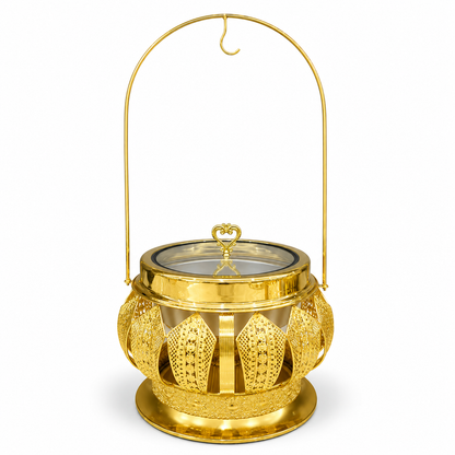 Luxury Round Gold Chafing Dish with Glass Lid, Stainless Steel Food Pan & Decorative Hanging Handle for Hotel Buffet, Wedding Catering, Banquets and Parties