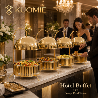 KUOMIE 8L Luxury Gold Chafing Dish with Hanging Dome Lid, Stainless Steel Food Pan, and Buffet Food Warmer Design for Weddings, Hotels, Catering, Banquets, and Parties