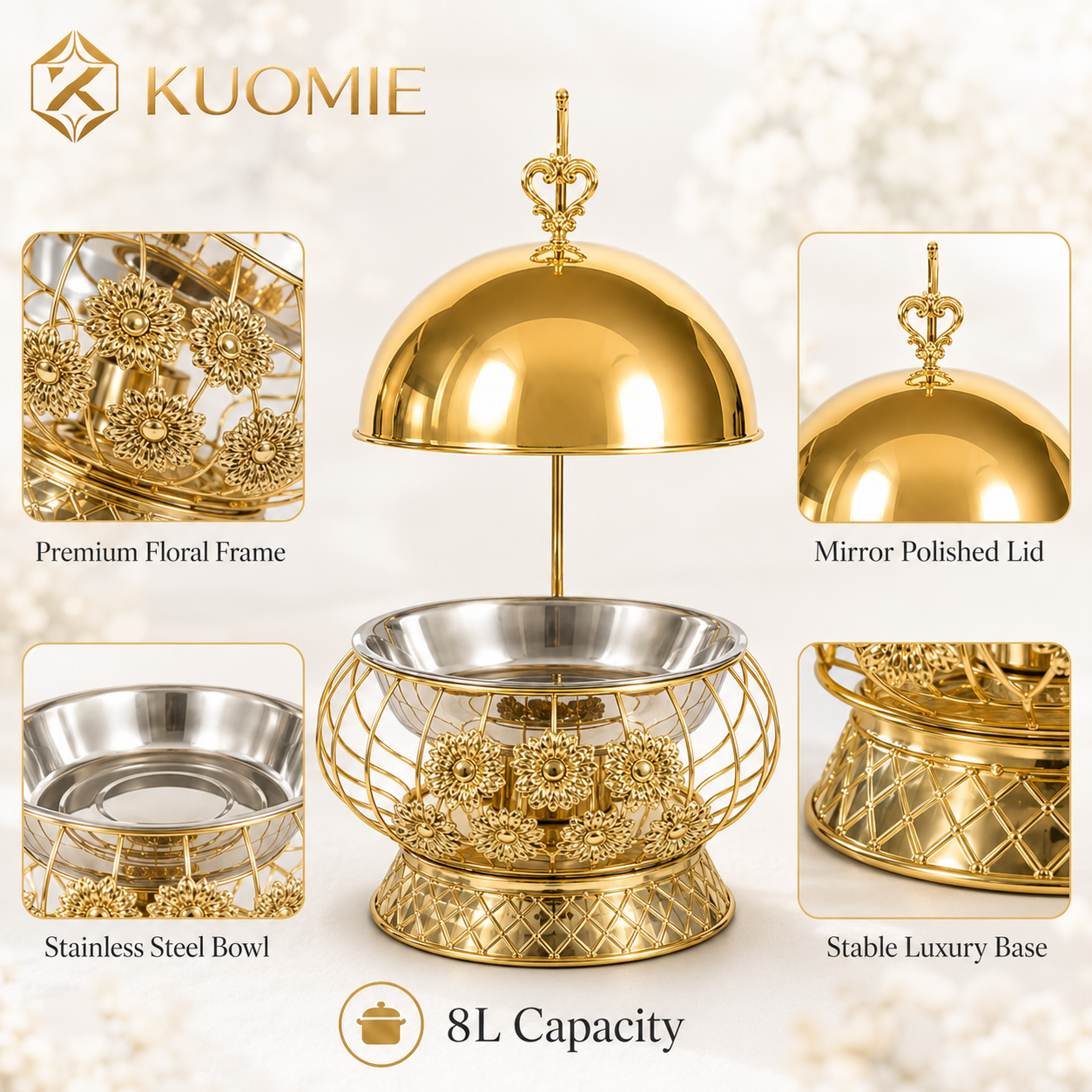 Luxury Gold Chafing Dish | Round Buffet Food Warmer for Weddings and Catering