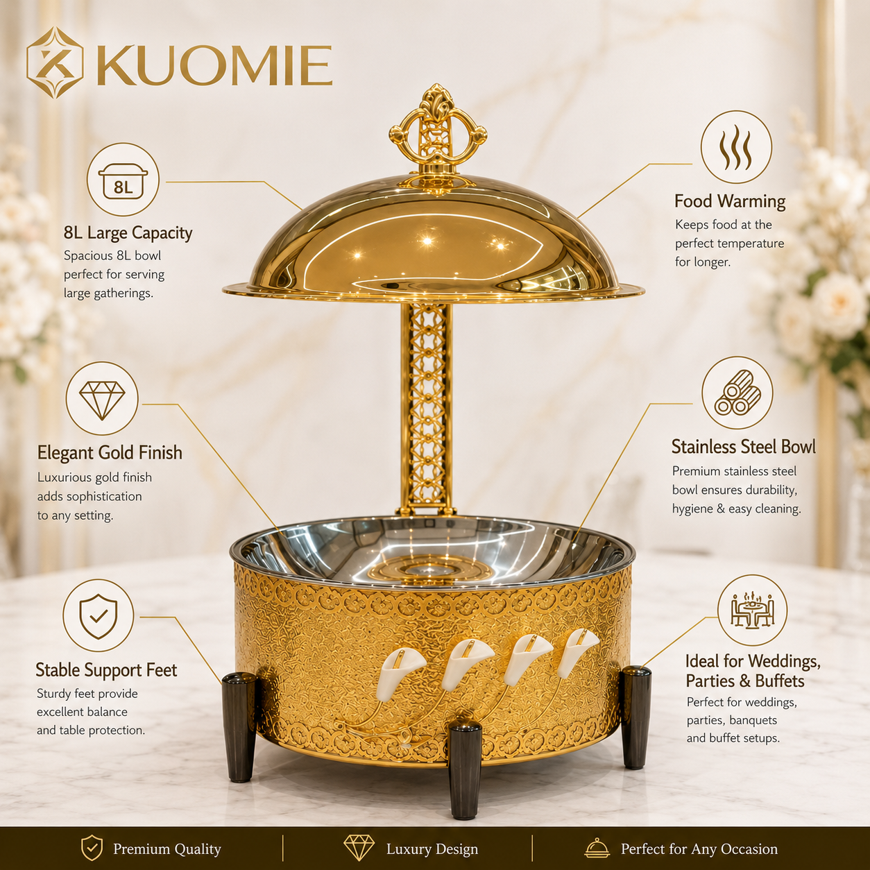 KUOMIE Luxury Gold Chafing Dish with Hanging Dome Lid, Stainless Steel Buffet Food Warmer for Weddings, Hotels, Catering, Banquets, and Parties