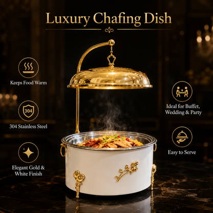 Luxury White & Gold Round Chafing Dish for Wedding Buffet, Hotel Catering & Party Food Warmer