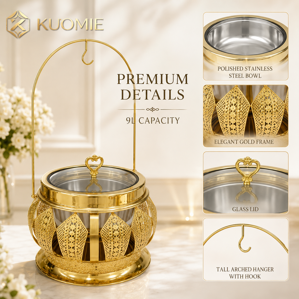 Luxury Round Gold Chafing Dish with Glass Lid, Stainless Steel Food Pan & Decorative Hanging Handle for Hotel Buffet, Wedding Catering, Banquets and Parties