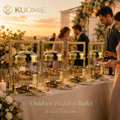 KUOMIE Luxury 8L Gold Chafing Dish with Hanging Lid Frame, Stainless Steel Buffet Food Warmer for Weddings, Hotels, Catering, Parties, and Banquets
