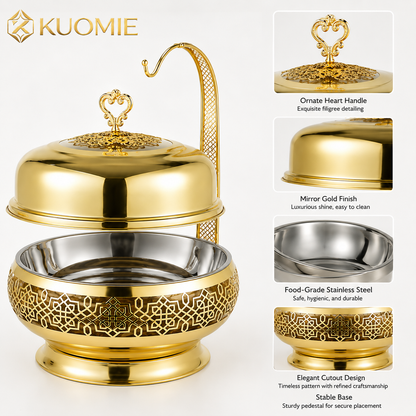 Luxury Gold Chafing Dish with Hanging Dome Lid and Stainless Steel Inner Bowl