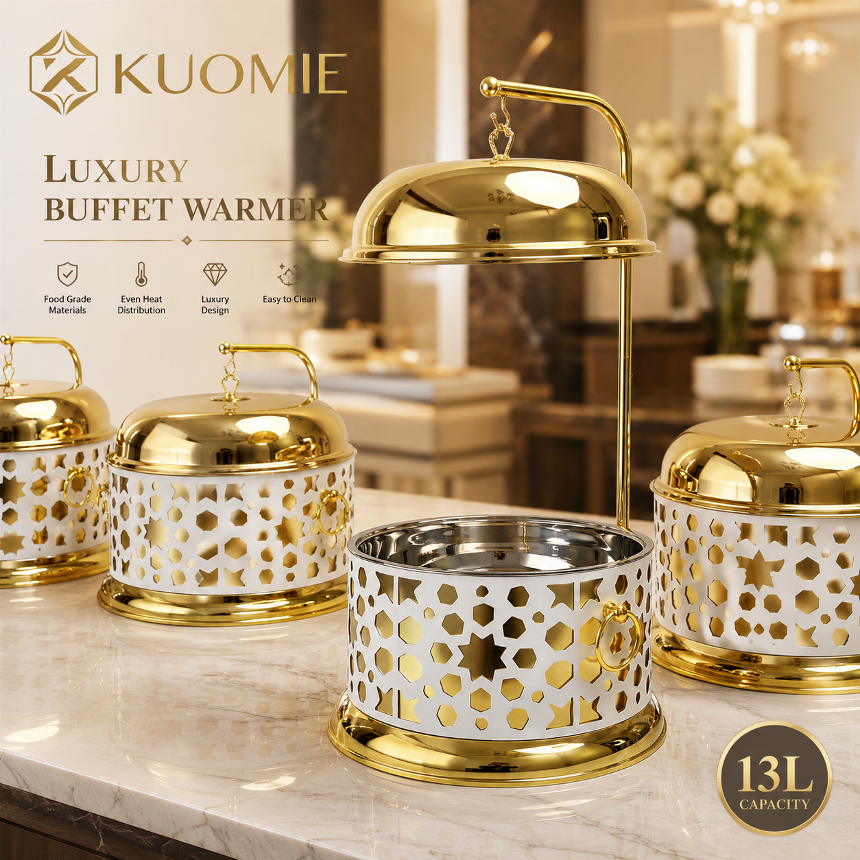 Luxury 13L White and Gold Buffet Warmer with Hanging Lid and Stainless Steel Food Pan