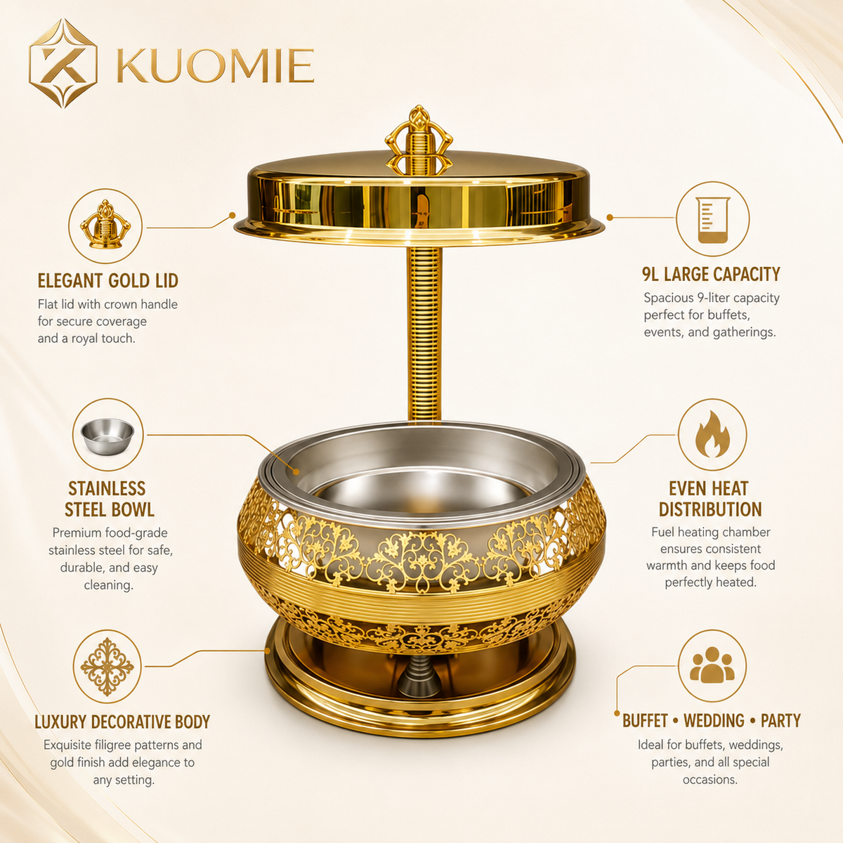 KUOMIE Luxury Gold 9L Chafing Dish for Premium Buffet Food Warming and Elegant Event Catering