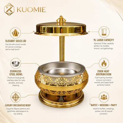 KUOMIE Luxury Gold 9L Chafing Dish for Premium Buffet Food Warming and Elegant Event Catering