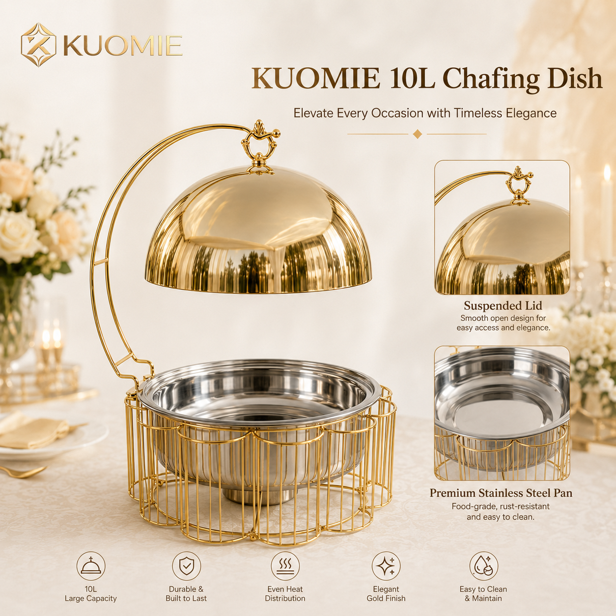 Luxury Gold Round Chafing Dish Set with Dome Lid for Outdoor Wedding Buffet, Catering Events & Party Food Warmer