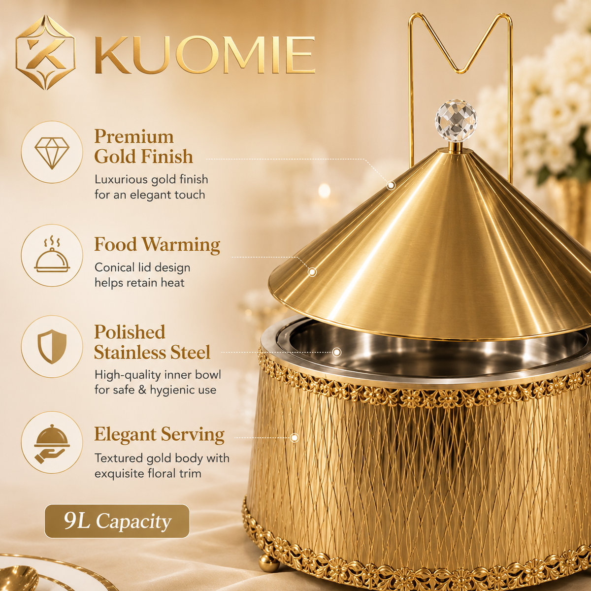 KUOMIE Luxury Gold 9L Chafing Dish Food Warmer with Stainless Steel Bowl and Cone Lid for Weddings, Buffets and Catering