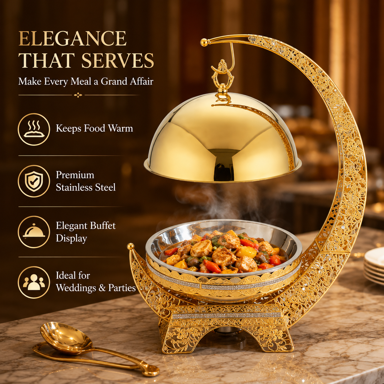 Luxury Gold Crescent Chafing Dish for Wedding Buffet & Hotel Catering