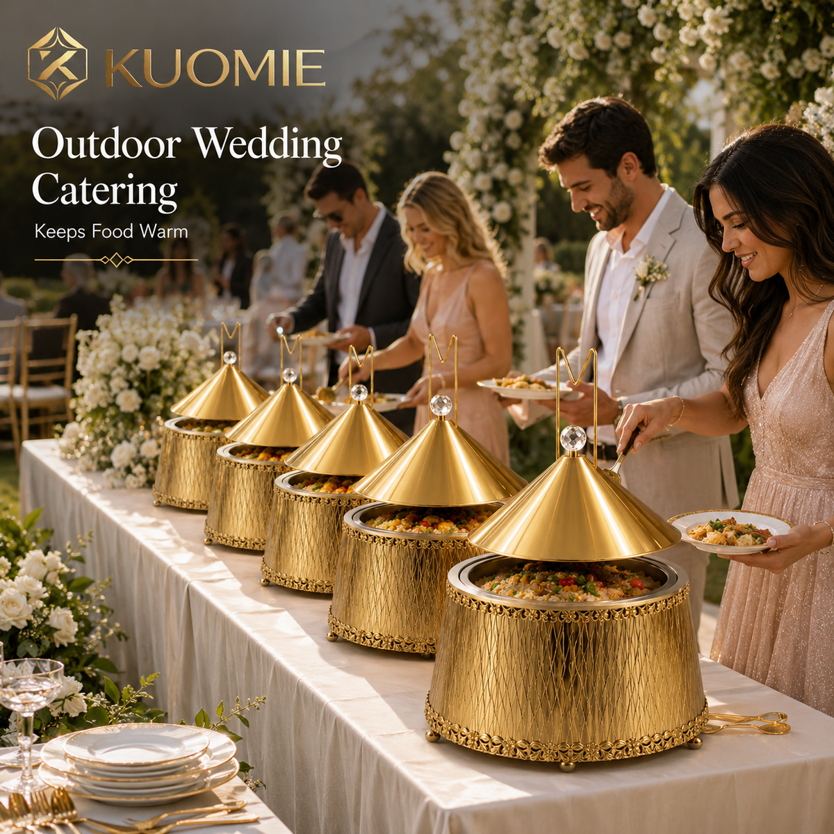 KUOMIE Luxury Gold 9L Chafing Dish Food Warmer with Stainless Steel Bowl and Cone Lid for Weddings, Buffets and Catering