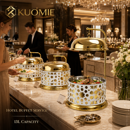 Luxury 13L White and Gold Buffet Warmer with Hanging Lid and Stainless Steel Food Pan