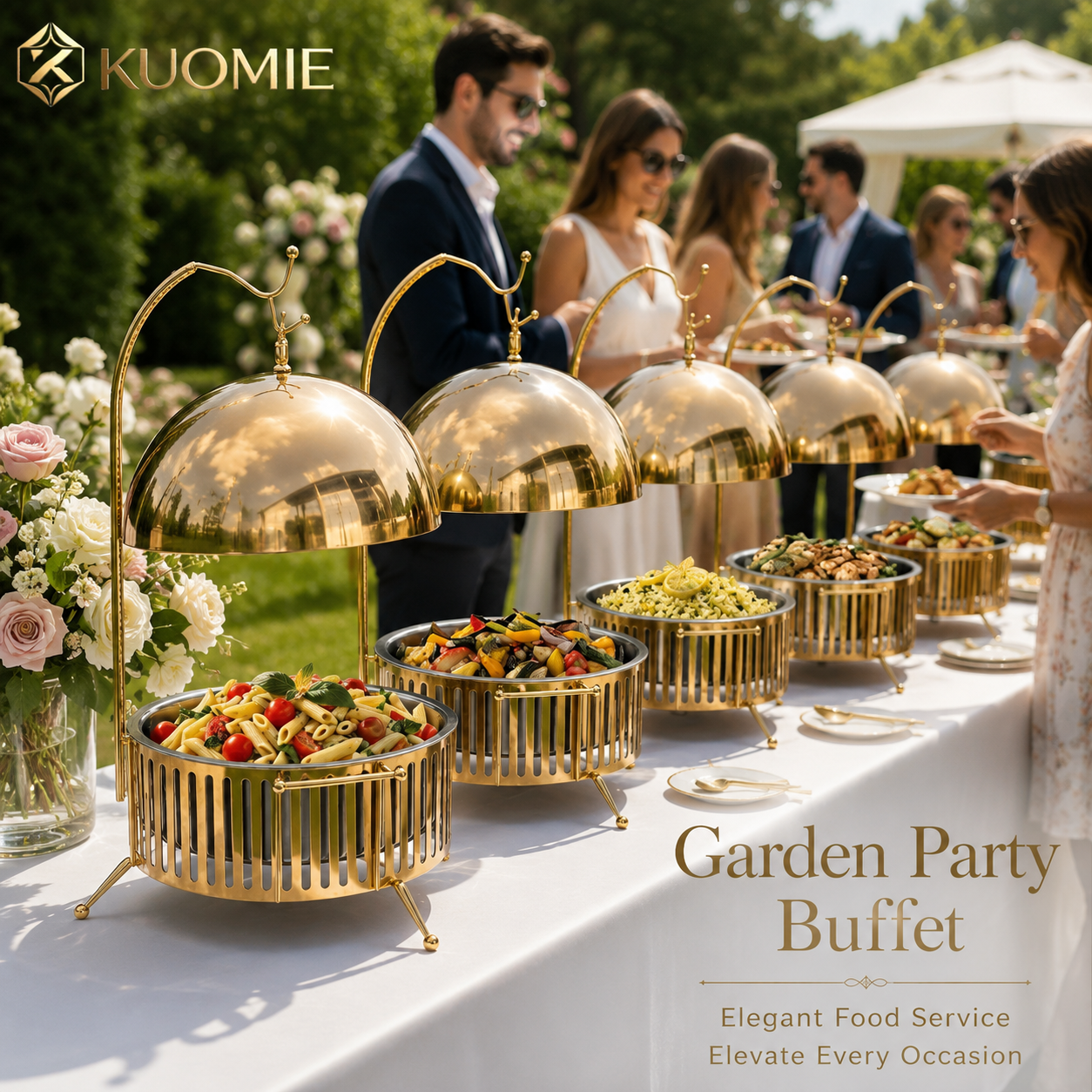 KUOMIE 8L Luxury Gold Chafing Dish with Hanging Dome Lid, Stainless Steel Food Pan, and Buffet Food Warmer Design for Weddings, Hotels, Catering, Banquets, and Parties