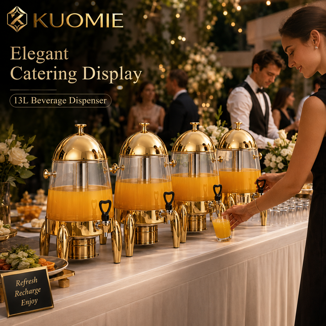KUOMIE 13L Stainless Steel Beverage Dispenser with Clear Juice Tank, Mirror Polished Lid, Faucet, and Drip Tray for Hotels, Buffets, Weddings, Catering, and Parties