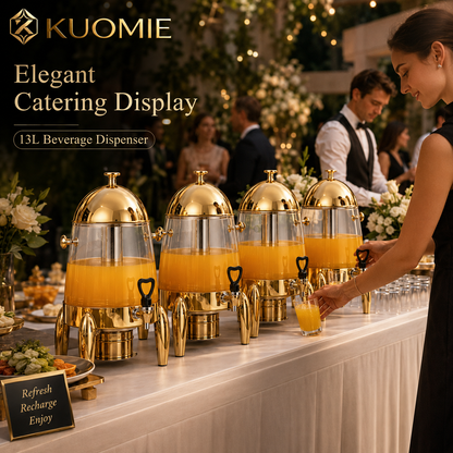 KUOMIE 13L Stainless Steel Beverage Dispenser with Clear Juice Tank, Mirror Polished Lid, Faucet, and Drip Tray for Hotels, Buffets, Weddings, Catering, and Parties