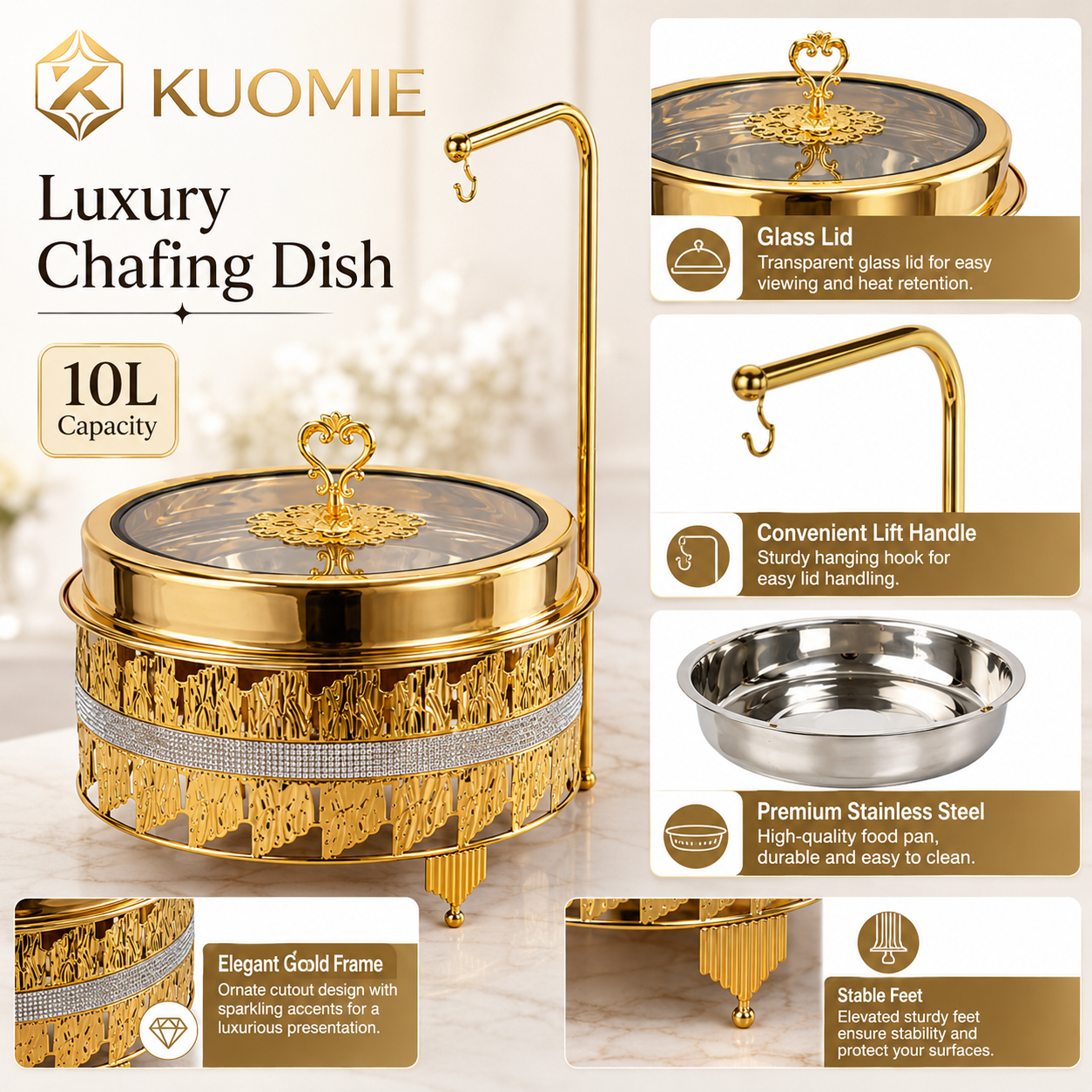 Luxury Gold Round Chafing Dish with Glass Lid