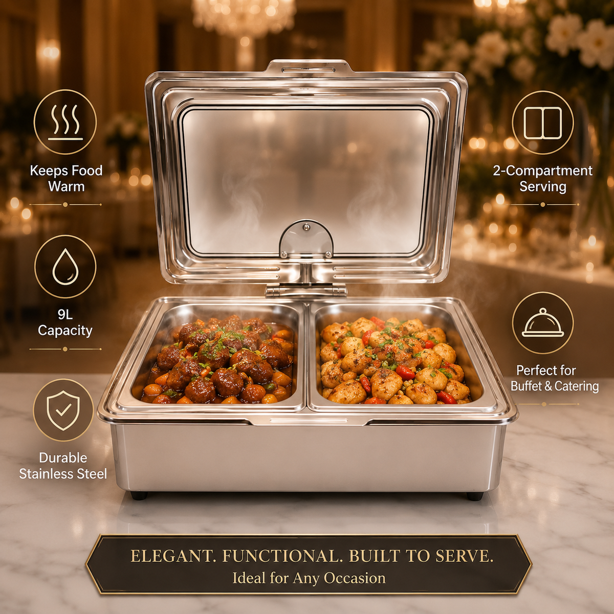 Stainless Steel Rectangular Chafing Dish with Hinged Lid for Buffet, Catering & Events