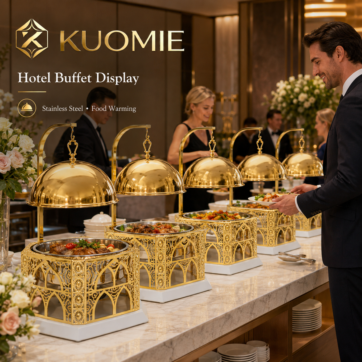 Luxury Gold Chafing Dish 8L Stainless Steel Food Warmer with Hanging Dome Lid for Buffet, Wedding, Catering and Party Events