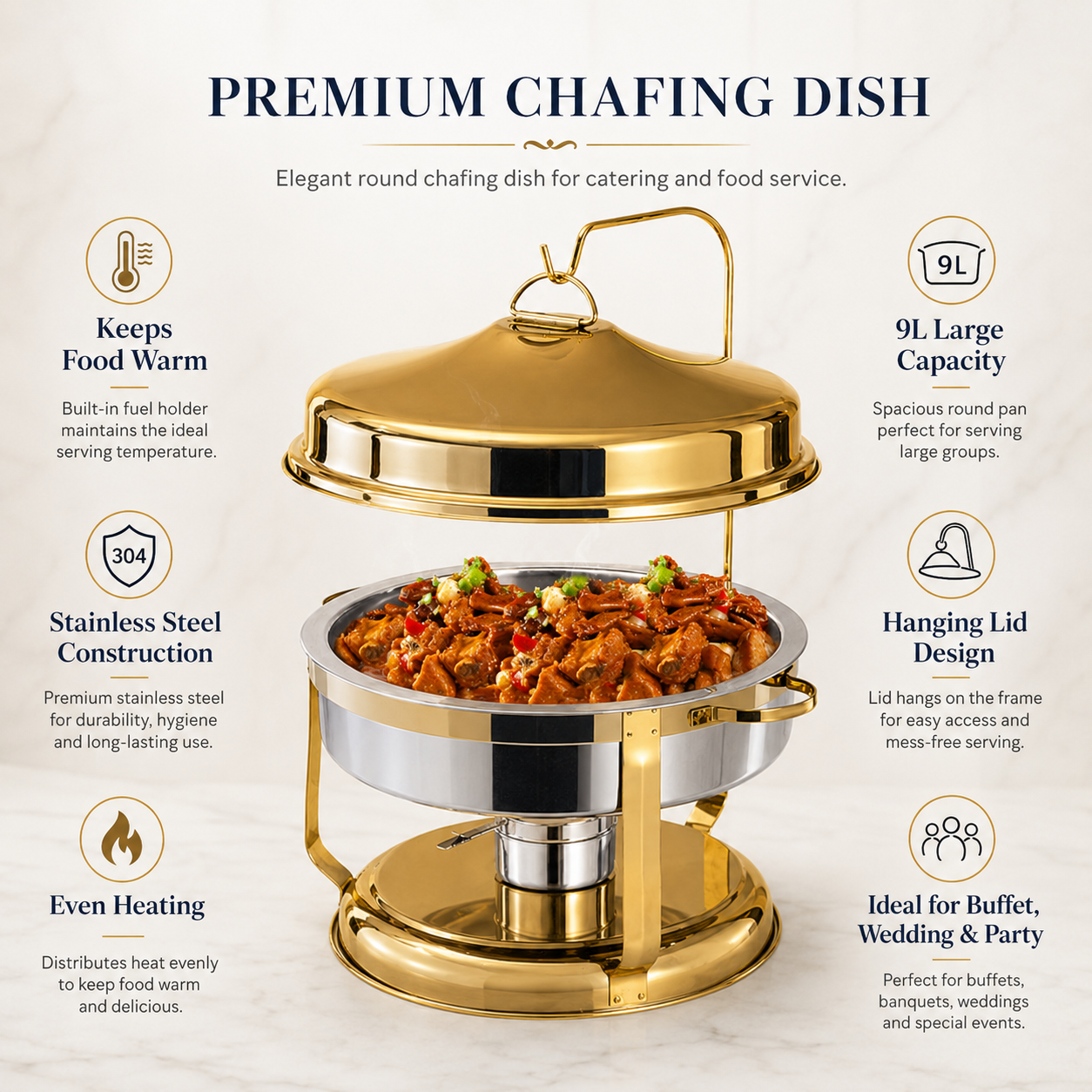 Luxury Gold Round Chafing Dish Buffet Food Warmer
