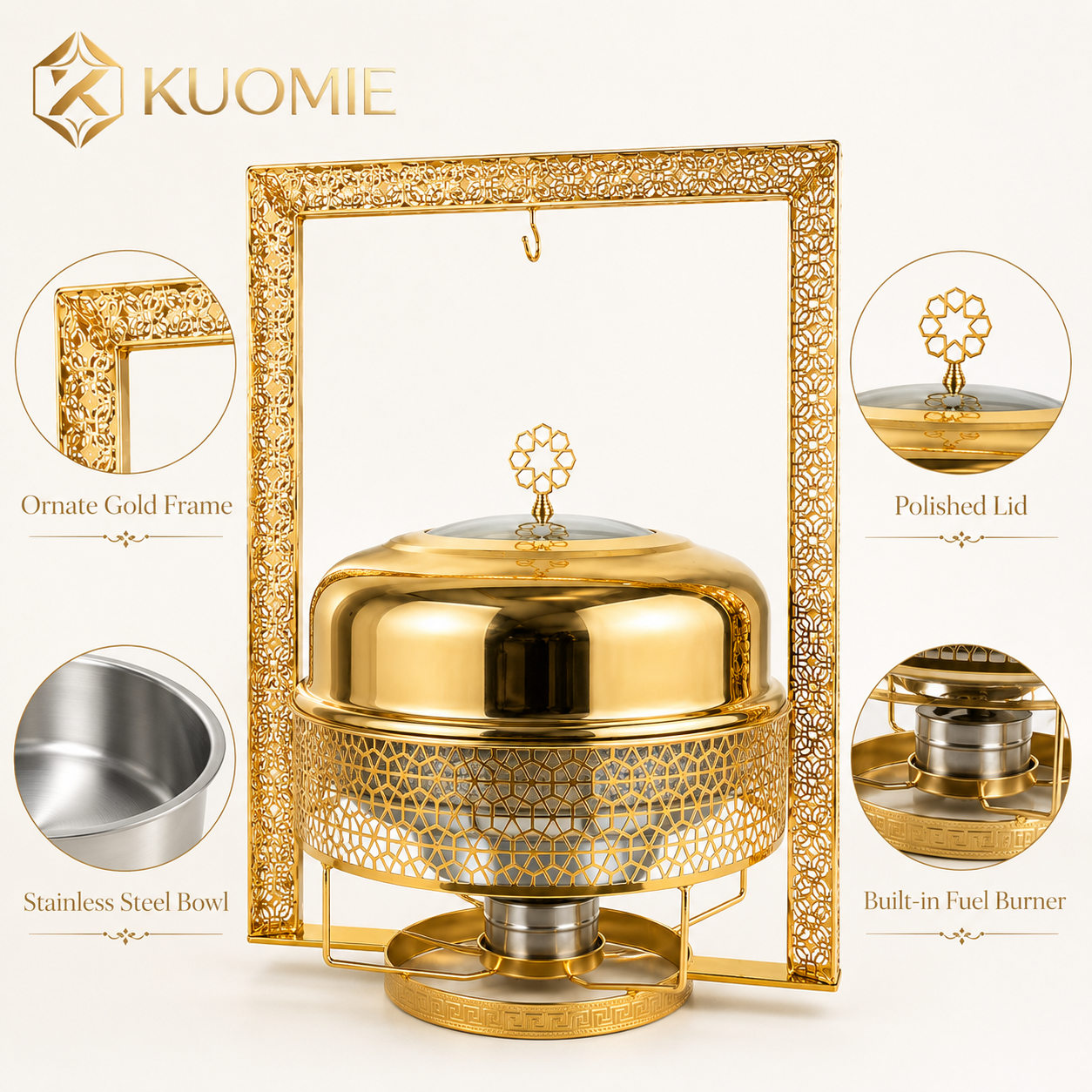 KUOMIE Luxury 8L Gold Chafing Dish with Hanging Lid Frame, Stainless Steel Buffet Food Warmer for Weddings, Hotels, Catering, Parties, and Banquets