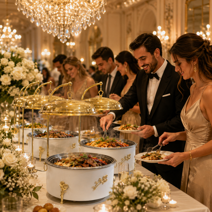 Luxury White & Gold Round Chafing Dish for Wedding Buffet, Hotel Catering & Party Food Warmer