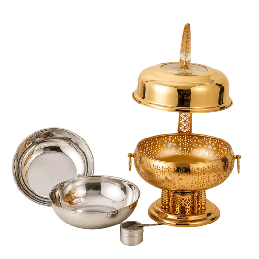 Luxury Chafing dish ,Food warming Elegant 8L Stainless Steel Gold Food Warmer with Hanging Lid for Party and Wedding Table Setting