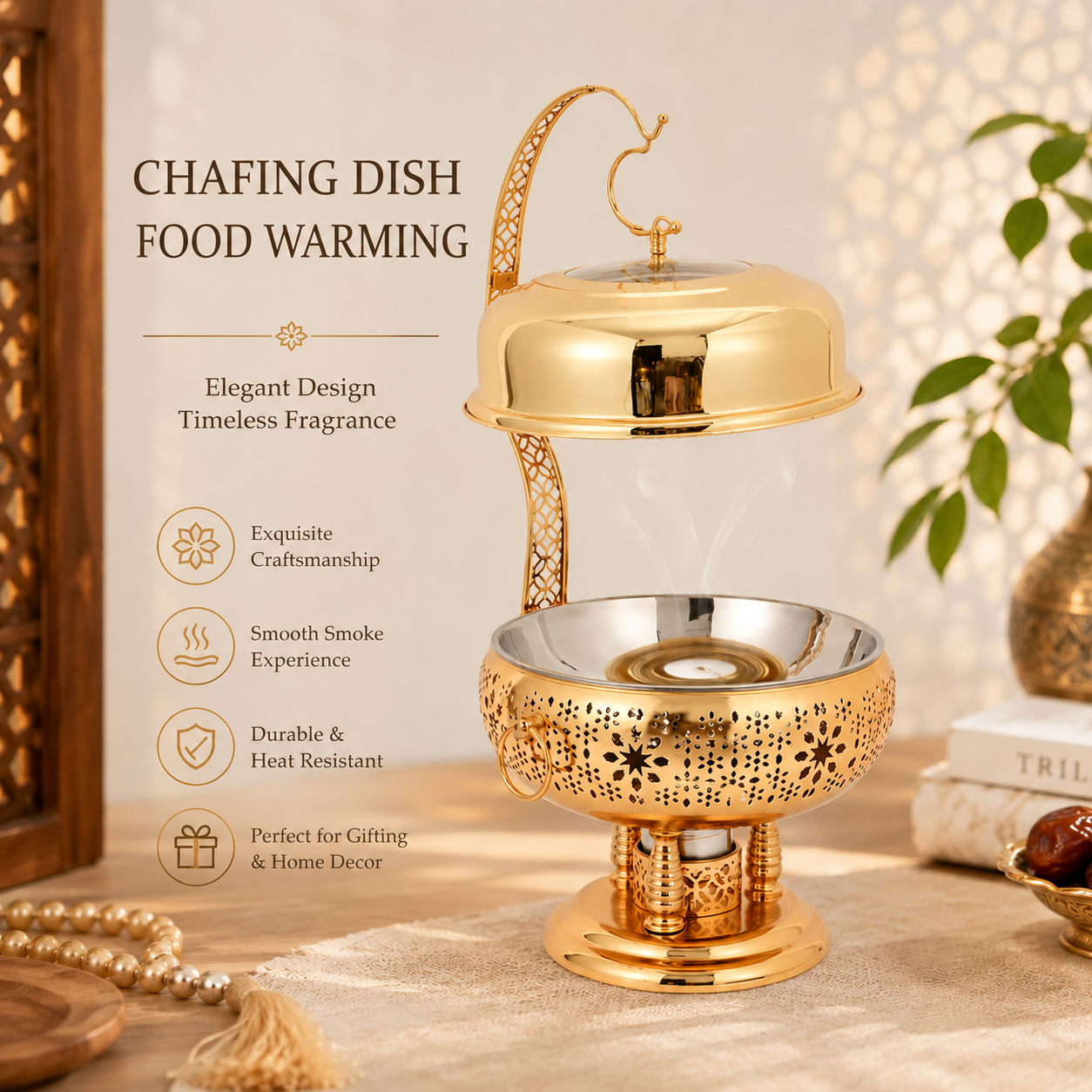 Luxury Chafing dish ,Food warming Elegant 8L Stainless Steel Gold Food Warmer with Hanging Lid for Party and Wedding Table Setting