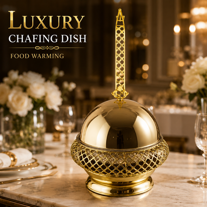 Luxury Chafiing dish,food warming Party and wedding table setting stainless steel 8L gold exquisite and elegant food warmer with hanging lid, reusable glass gold table stove 8L luxury hanging hotel outdoor insulated alcohol stove
